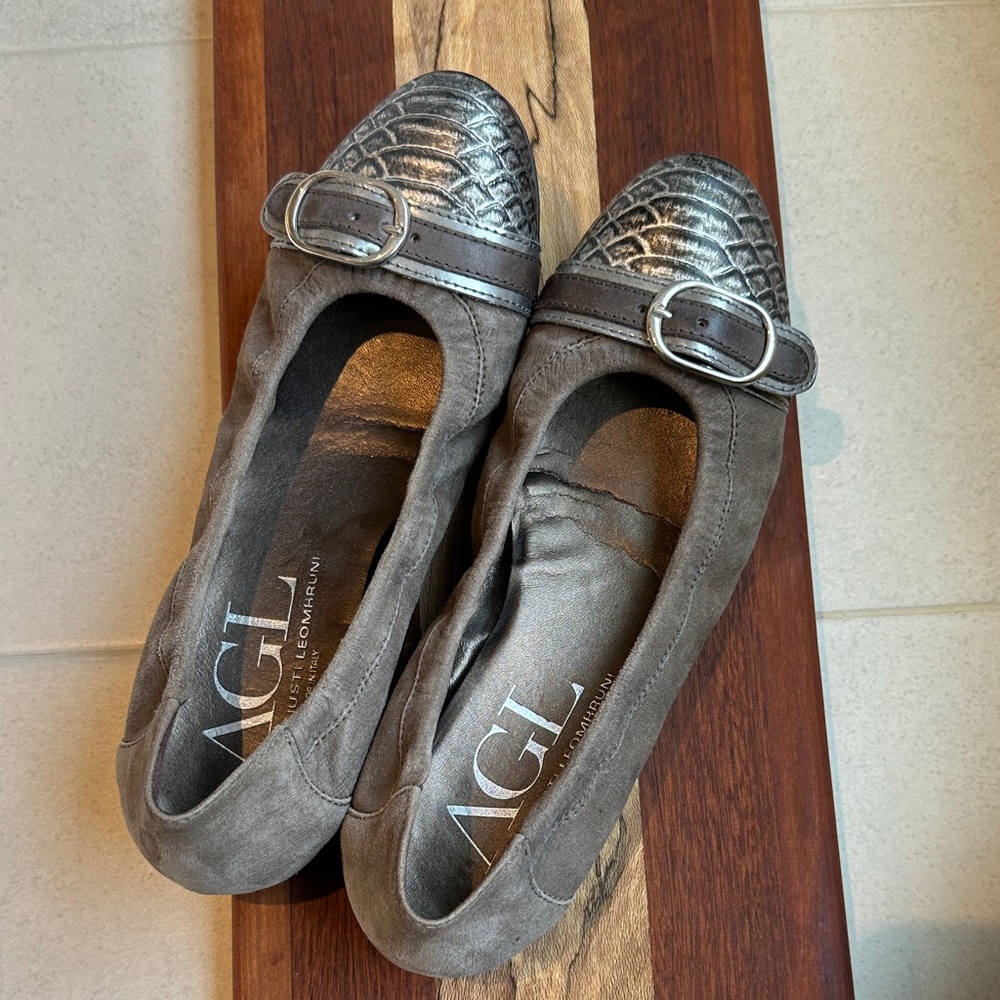 AGL Taupe and Metallic Loafers with Buckle